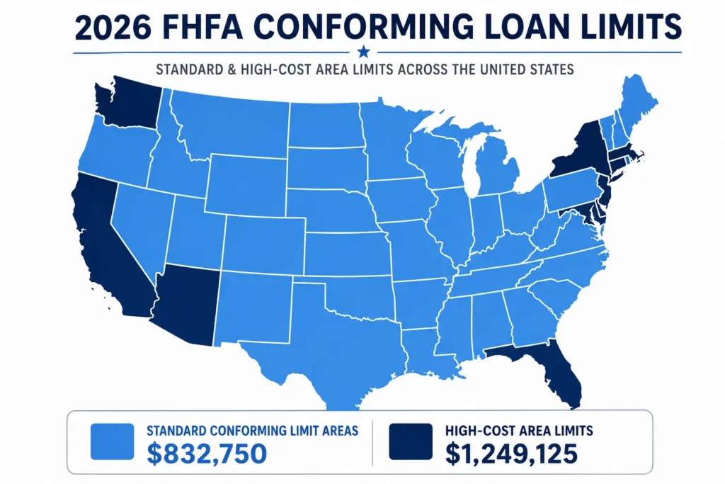 2026 FHFA conforming loan limits map showing standard and high-cost area limits across the United States 