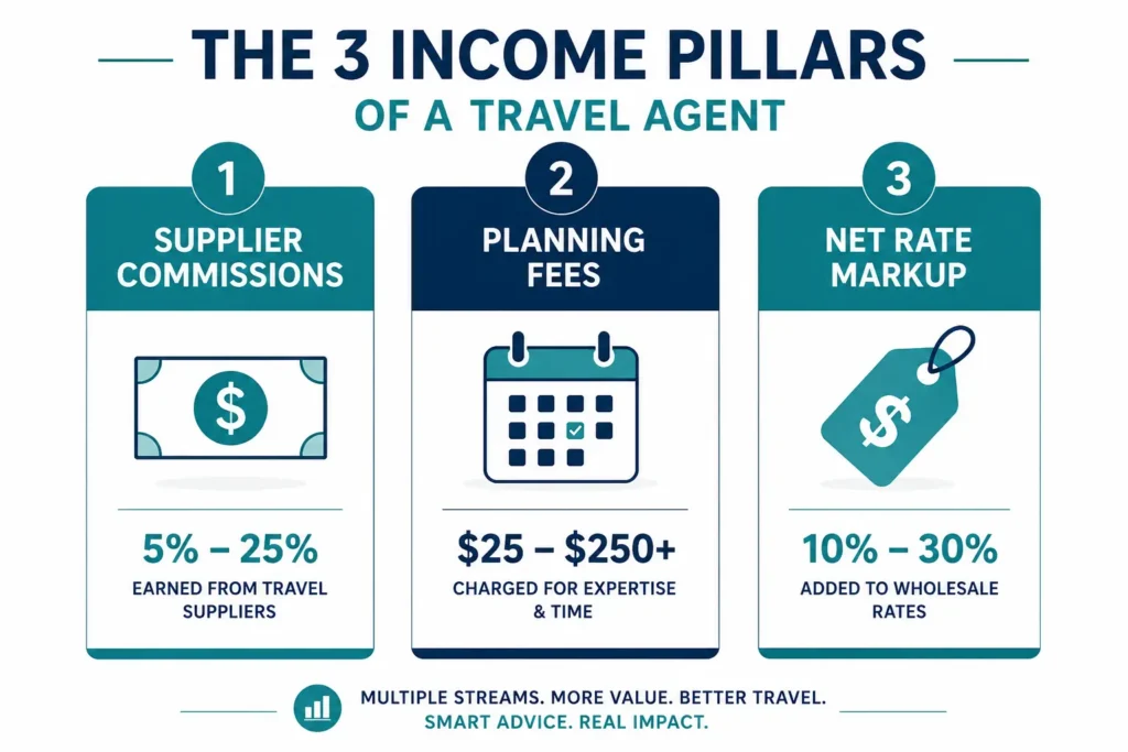 How travel agents make money in 2026 — three income pillars infographic 