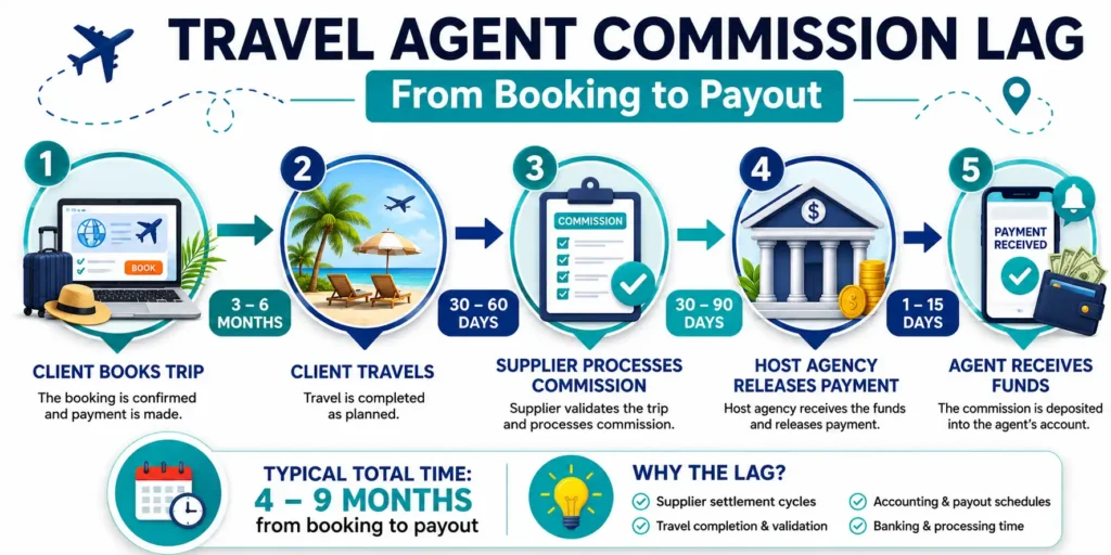 Travel agent commission payout timeline — booking to payment gap