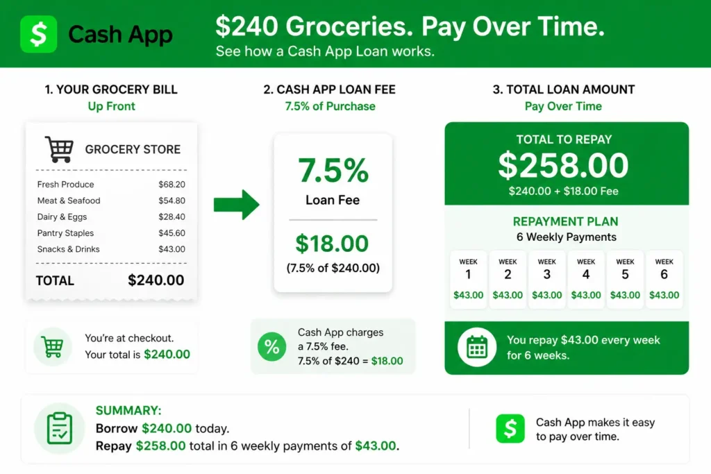 Infographic explaining how does cash app afterpay work with a $240 grocery bill and 7.5 percent finance fee
