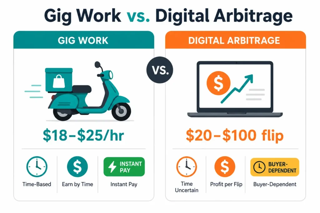 Comparison of gig work vs. digital arbitrage for making money in one hour