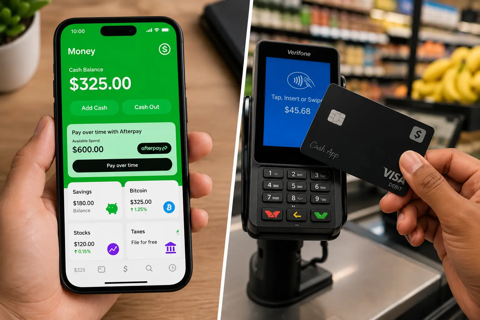 A smartphone displaying how does cash app afterpay work alongside a physical Cash App Visa Card