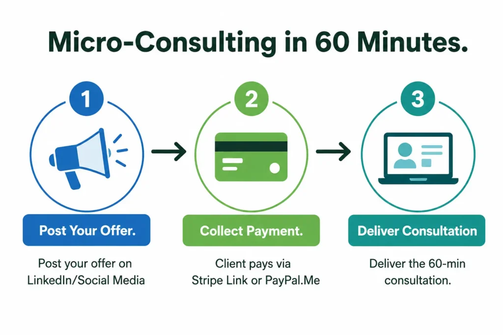 No website needed. Post, get paid, consult — all within the hour