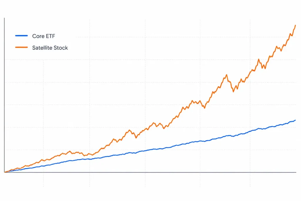 Core and satellite $1,000 investment growth chart over 9 years