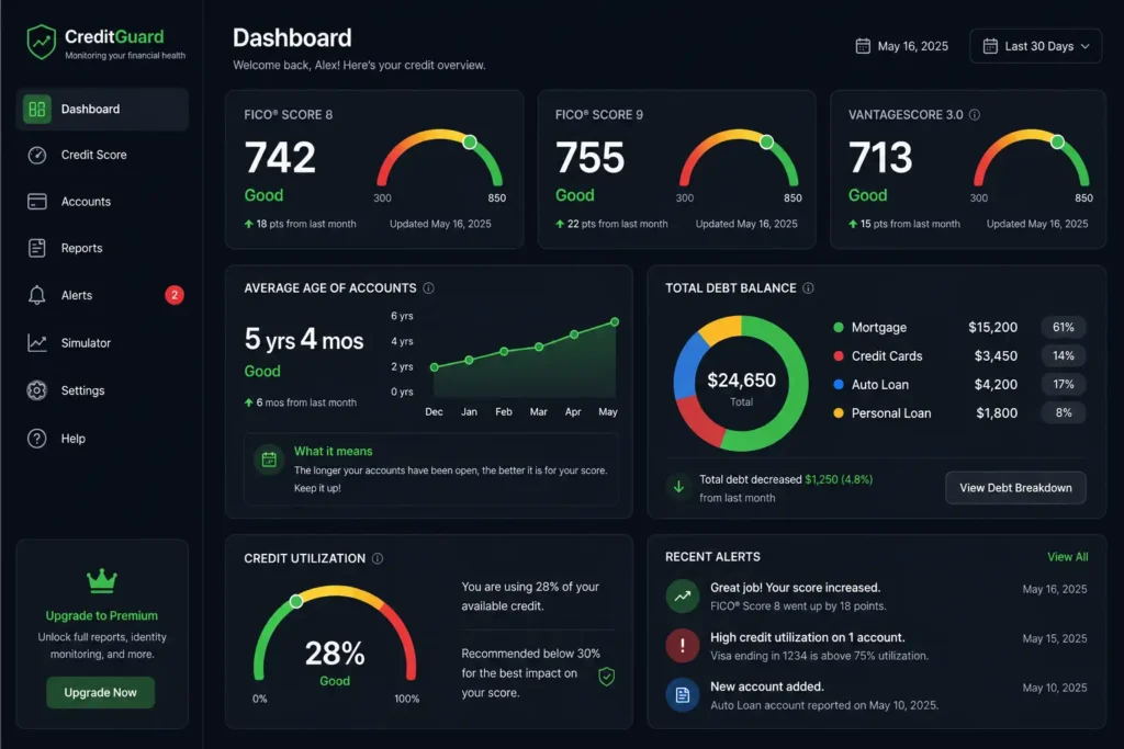 Digital dashboard showing credit score impact and FICO metrics