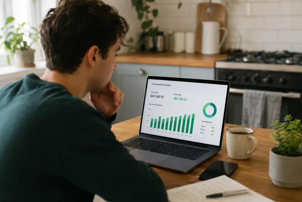 Person in their 20s reviewing a $1,000 investment plan on a laptop